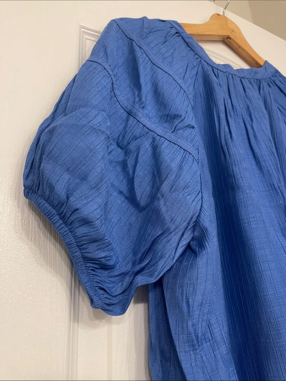 Wonderly Blue Short Sleeve Tie-Neck Peasant Blouse size large, NeW - Picture 5 of 7